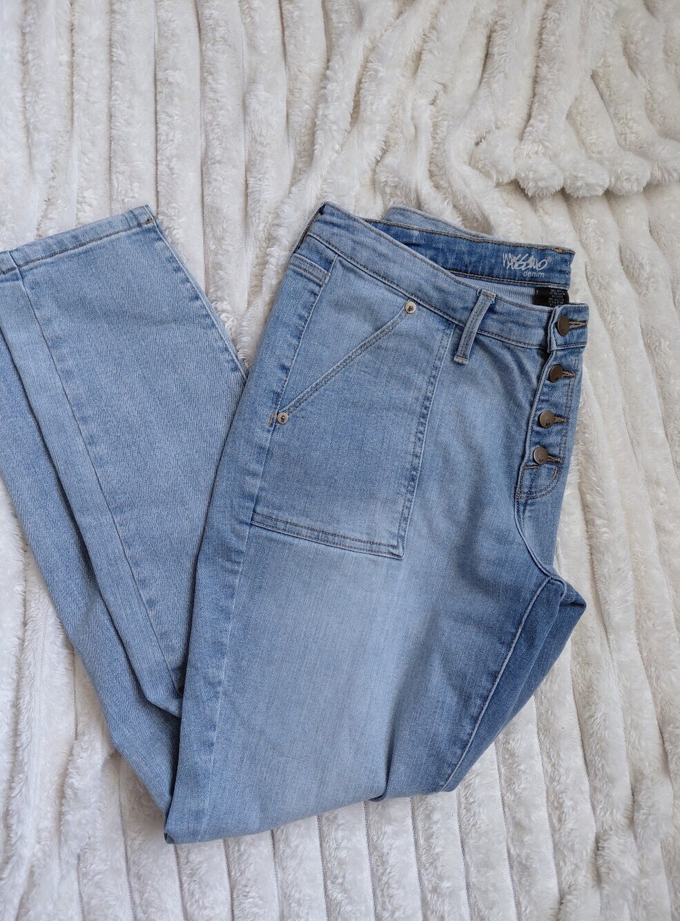 Button Fly Light Wash Mid Rise Skinny Jeans Long Pork Chop Pockets